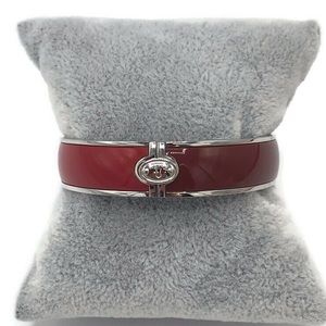 Fossil 2 Tone Red Hinge Bangle Bracelet Silver